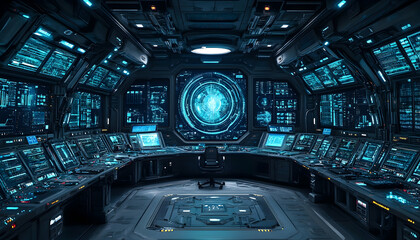 Futuristic, high-tech control room featuring monitors and intricate panels, bathed in blue light, suggestive of advanced technology