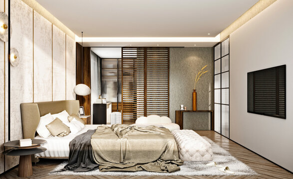 3d render luxury hotel room, modern bedroom