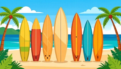 Colorful surfboards stand upright on a sandy beach beside a turquoise ocean under a sunny sky, flanked by palm trees and lush vegetation