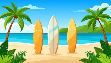 Three surfboards stand upright on a sunny beach between two palm trees, turquoise ocean in the background, under a partly cloudy sky