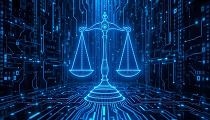 Digital Justice Futuristic Scales of Justice and Circuit Board Design