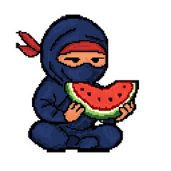 Cute Pixel Art Ninja Eating Watermelon