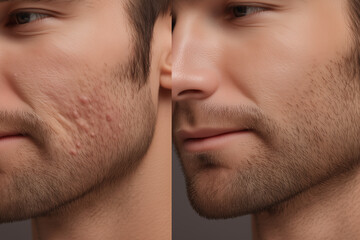 Obraz premium Macro before and after image of male cheek showing acne scars and smooth skin – skincare treatment comparison for dermatology, facial care, or cosmetic results on neutral background