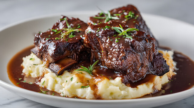 Plated braised short ribs with rich gravy, mashed potatoes, and herbs on a light neutral background