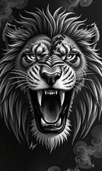 Fierce Black and White Lion Illustration