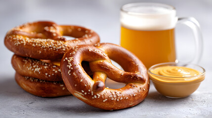 multiple Austrian pretzels with mustard dip and beer mug on a light stone surface