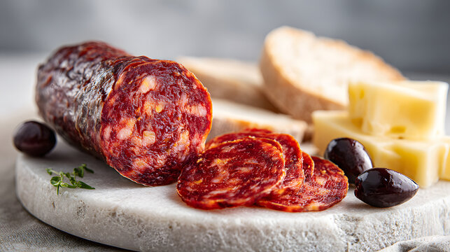 sliced lukanka with olives, cheese, and rustic bread on a light stone surface