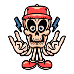 Cool Skull Rocking: A vibrant, animated skull mascot, radiating youthful energy, strikes a rock-and-roll pose with raised hands in a friendly and edgy illustration.