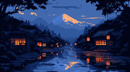 Stylized vintage illustration of a countryside village under torrential rain, bamboo huts with thatched roofs, waterlogged paths reflecting neon lantern glow at dusk