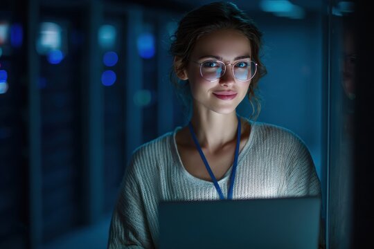 Female IT technician works late in a blue-lit server room, showcasing skills in technology and data management