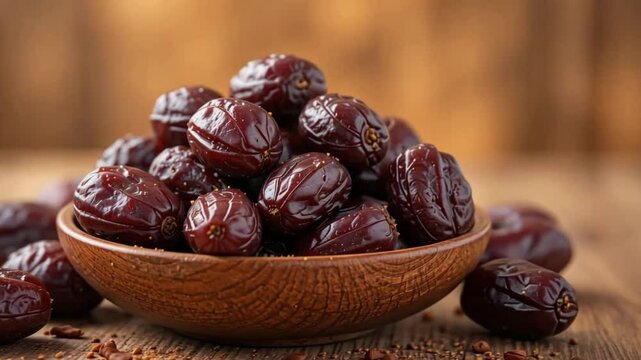 A wooden bowl filled with a large pile of shiny dates sitting on a wooden surface backdrop view