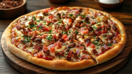 Pizza with Sausage, Ham, Tomato and Onion on Wood