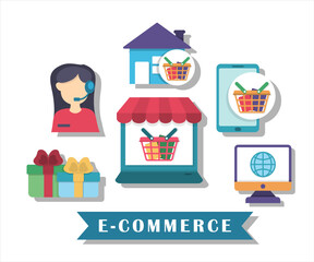 Fototapeta premium Set Online shopping on e-commerce elements with flat style design