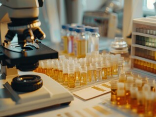 Golden-hued patient samples arranged neatly on a pathology workstation with microscope and test strips for color calibration