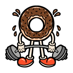 Donut's Weightlifting Workout: A cartoon donut, the sweet treats, is depicted in the midst of a dynamic weightlifting session, highlighting the importance of exercise while enjoying sweet treats.