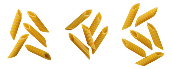Assorted Penne Pasta Shapes and Varieties Scattered Creatively, Representing Culinary Diversity and Deliciousness, Isolated on Transparent and White Background