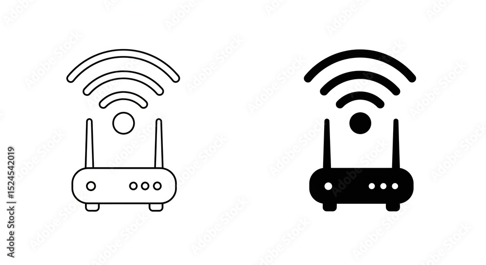 Poster two minimalist wireless routers, one in white and one in black, featuring signal waves. clean lines 