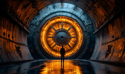 Person standing before a large, glowing, circular portal in a metallic, industrial-looking corridor