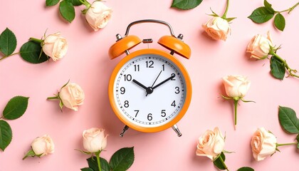 Orange Alarm Clock Surrounded by Peach Roses on Pink Background