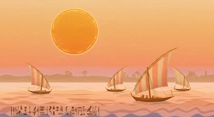 Stylized illustration of traditional felucca sailboats on the Nile River at sunset, with a vibrant sun and ancient hieroglyphics, evoking historical Egypt.
