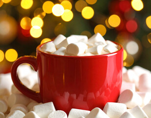 A warm mug of hot cocoa with melting marshmallows overflows, suggesting cozy evenings and sweet indulgence.