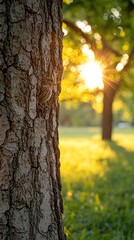 Fototapeta premium Sunlit park scene, tree bark in focus, sunlight through trees, blurred background