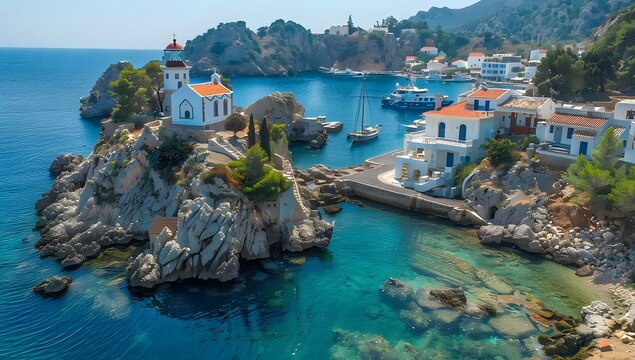 Greek Island Bay with White Lighthouse, Traditional Buildings, Blue Sea - Aerial View