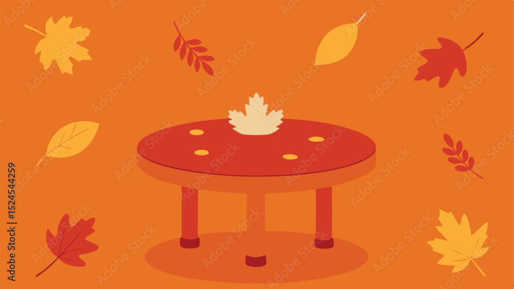 Poster autumnal leaves and round table in a warm orange color scheme with transparent elements