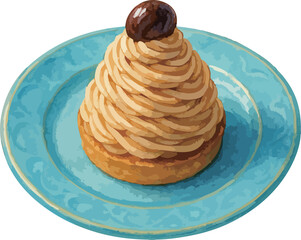 Watercolor Illustration of Mont Blanc Cake on a Blue Plate