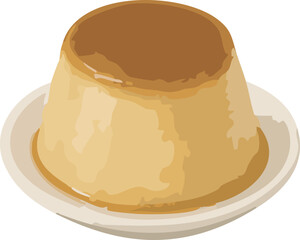 Watercolor Illustration of Custard Pudding on a Plate