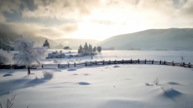 Snowy landscape with wooden houses covered in snow and frost, surrounded by pine trees and bushes on a cold winter's day.