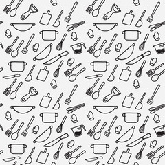 Seamless texture on white background with kitchen utensils theme, vector illustration