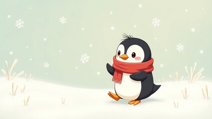 Cute penguin wearing a red scarf in a snowy landscape.