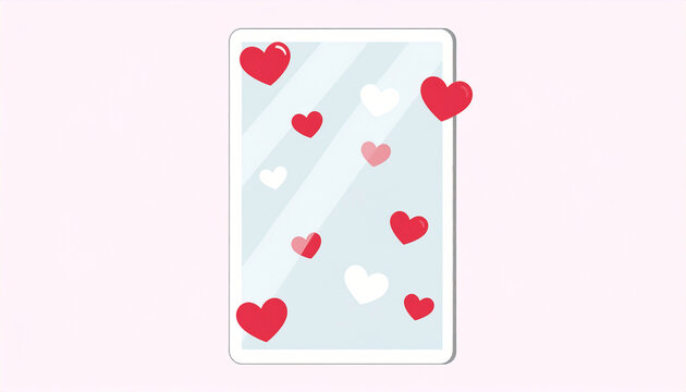 A rectangular mirror displays numerous small hearts of red, pink and white, some seemingly floating on its surface.  A pale pink background surrounds the image