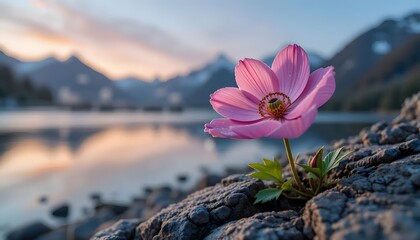 Pink flower blooming on rocks by lake at sunset with mountain backdrop