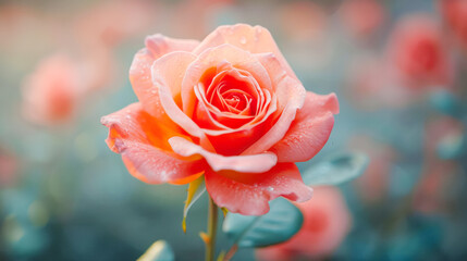 Beautiful pink rose blooming in a garden surrounded by soft green foliage and gentle light
