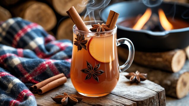 Cozy Mulled Apple Cider with Cinnamon and Star Anise by Fireplace