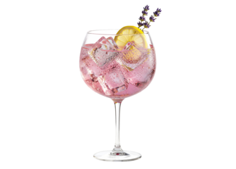 sparkling pink gin and tonic cocktail with lemon and lavender garnish, transparent glass overlay