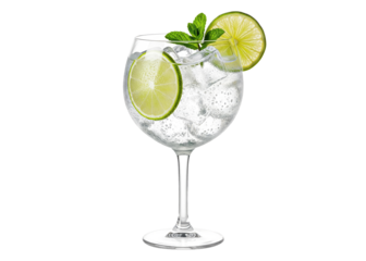 classic gin and tonic cocktail with lime and mint, transparent glass overlay