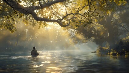 Man Fishing in Misty River at Sunrise with Ancient Tree