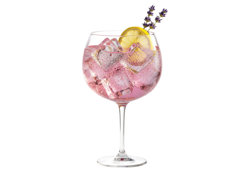 sparkling pink gin and tonic cocktail with lemon and lavender garnish, transparent glass overlay