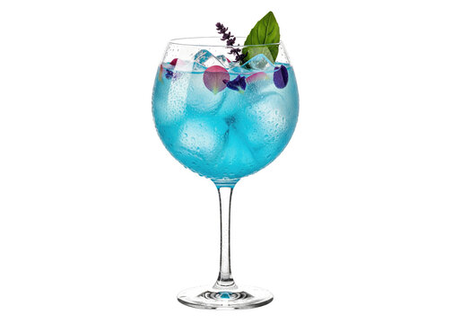 exotic blue gin cocktail with edible flowers and basil garnish, transparent glass overlay