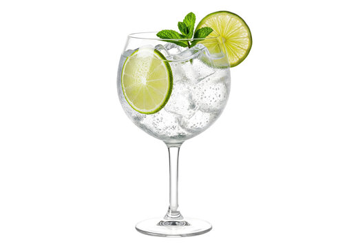 classic gin and tonic cocktail with lime and mint, transparent glass overlay