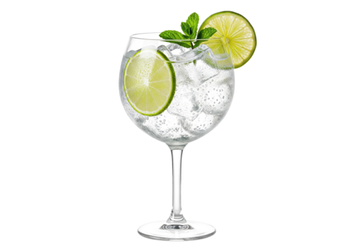 classic gin and tonic cocktail with lime and mint, transparent glass overlay