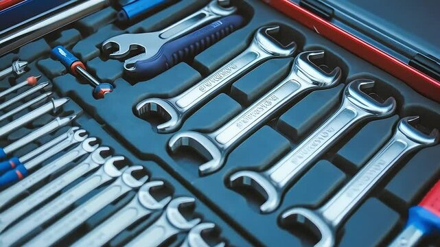 A professional toolbox with a complete, organized set of shiny chrome wrenches and screwdrivers neatly arranged in a case