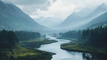 Fototapeta premium Serene river winding through a misty mountain valley, enveloped by coniferous forests