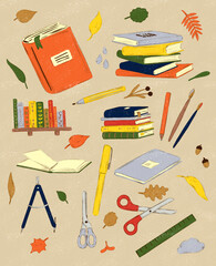Cute hand drawn back to school illustration clipart set kids, autumn leaves, books, stationery and supplies. Perfect for fall school projects, education, seasonal classroom materials. Pen, pencil