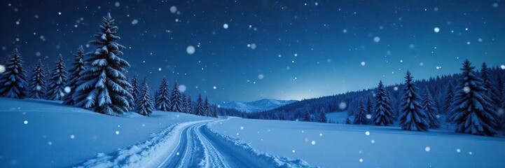 Fototapeta premium Serene snowfall blankets a quiet, snow-covered landscape under a dark, starlit night sky Perfect for winter, holiday, and nature themes Crisp, clean image , outdoors, dark, texture
