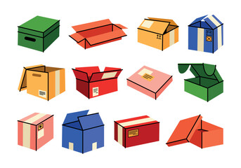 Cute gift and delivery boxes in retro cartoon. Open and closed boxes, shipping elements. Groovy and vibrant collection of boxes in trendy flat doodle illustration. Vector packages of different shapes.