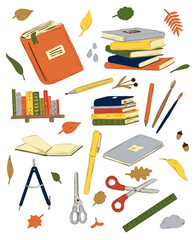 Cute hand drawn back to school illustration clipart set kids, autumn leaves, books, stationery and supplies. Perfect for fall school projects, education, seasonal classroom materials. Pen, pencil